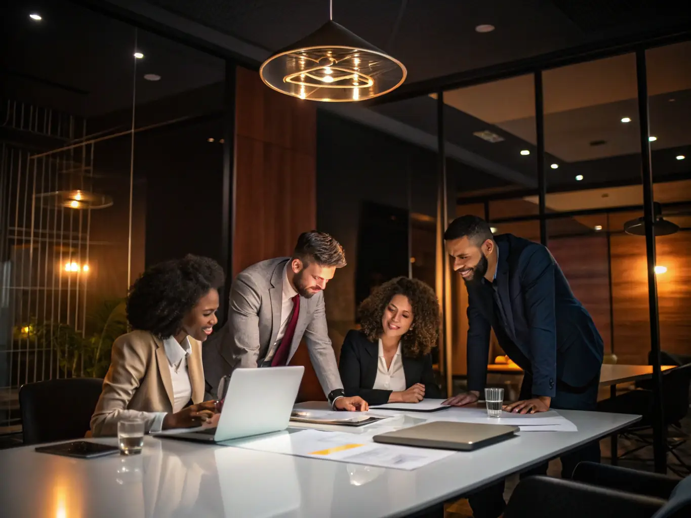 An image depicting a diverse team of C-suite executives collaborating in a modern office setting, symbolizing strategic decision-making and leadership.